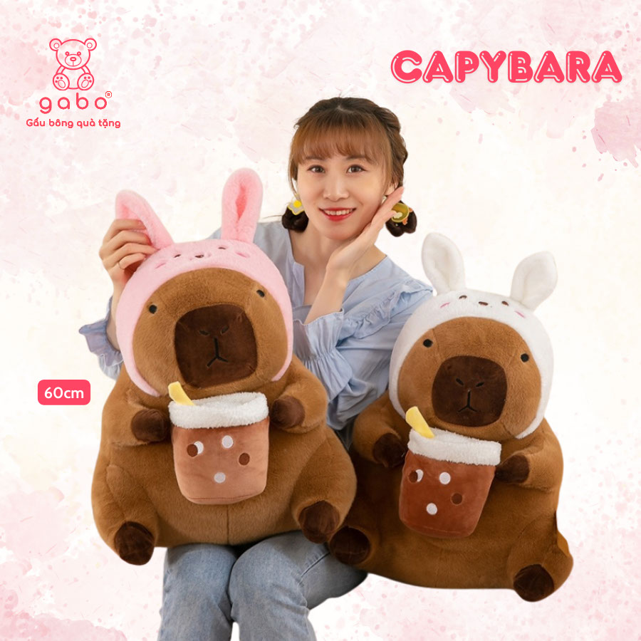 Gấu bông quà tặng gấu bông capybara tai thỏ gabo g Gấu Bông Capybara Tai Thỏ Cầm Trà Sữa - Chuột Lang Mê Trà Sữa