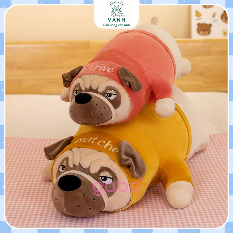 Final_Gấu Bông Chó pug nằm mặc áo, Chó pull dog mặt Gấu Bông Chó Pug Nằm cao cấp , Gối ôm chó pulldog mặt nhăn