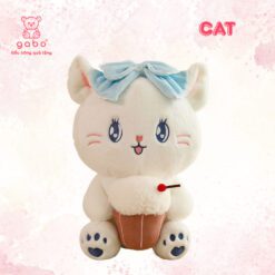 Gấu Bông Mèo Ôm Bánh Kem, Mèo Nơ Xanh Cầm Bánh Gato