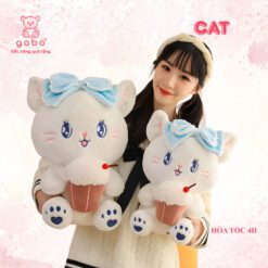Gấu Bông Mèo Ôm Bánh Kem, Mèo Nơ Xanh Cầm Bánh Gato