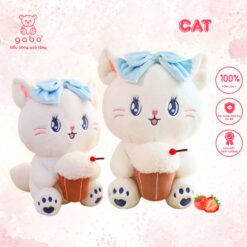 Gấu Bông Mèo Ôm Bánh Kem, Mèo Nơ Xanh Cầm Bánh Gato