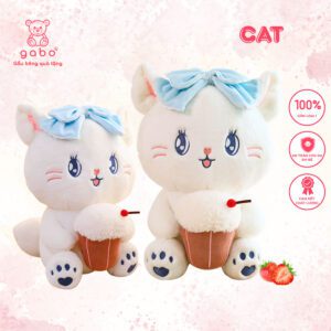 Gấu Bông Mèo Ôm Bánh Kem, Mèo Nơ Xanh Cầm Bánh Gato