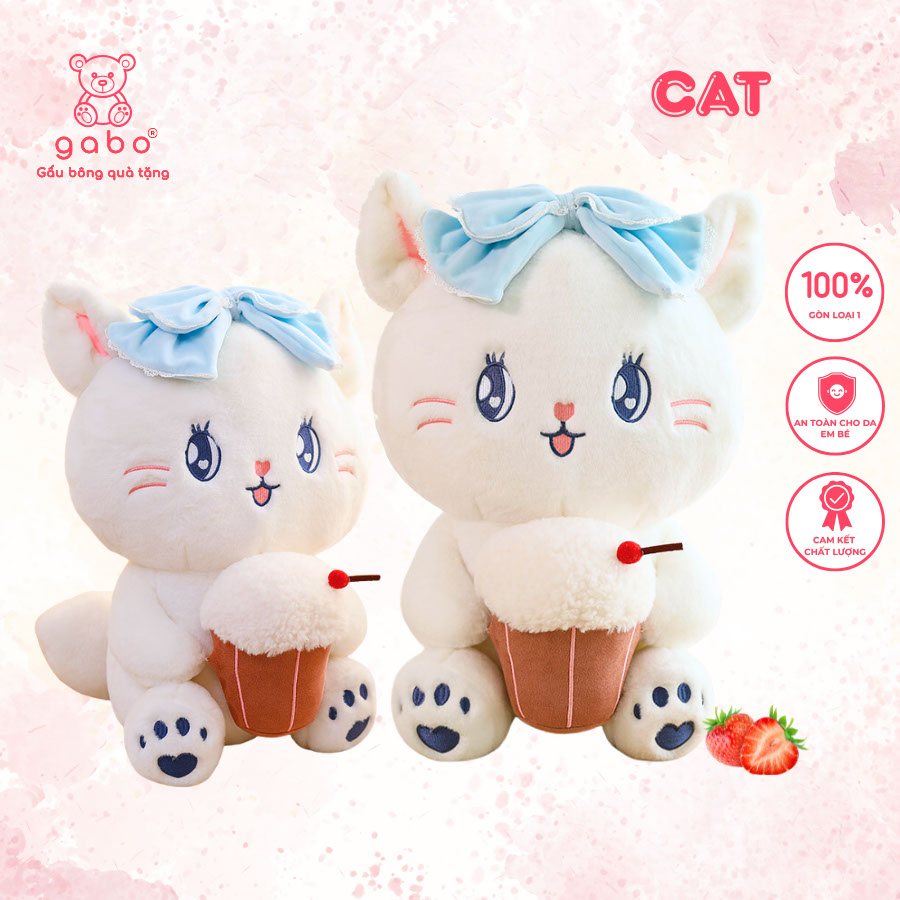 Gấu Bông Mèo Ôm Bánh Kem, Mèo Nơ Xanh Cầm Bánh Gato