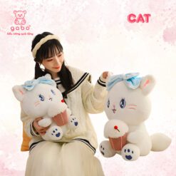 Gấu Bông Mèo Ôm Bánh Kem, Mèo Nơ Xanh Cầm Bánh Gato