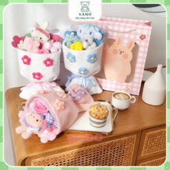 Bó Hoa Gấu Bông Set Bó Hoa Kèm Gấu 4 món