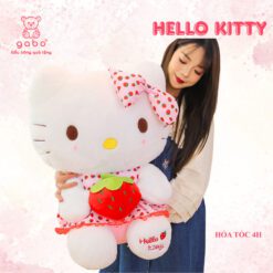 Gấu Bông Hello Kitty Ôm Dâu, Mèo Kitty Váy chấm Bi Ôm Dâu