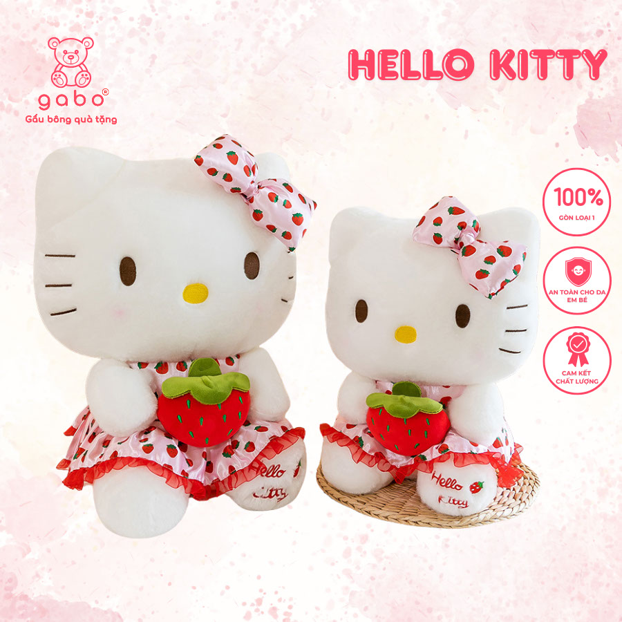 Gấu Bông Hello Kitty Ôm Dâu, Mèo Kitty Váy chấm Bi Ôm Dâu