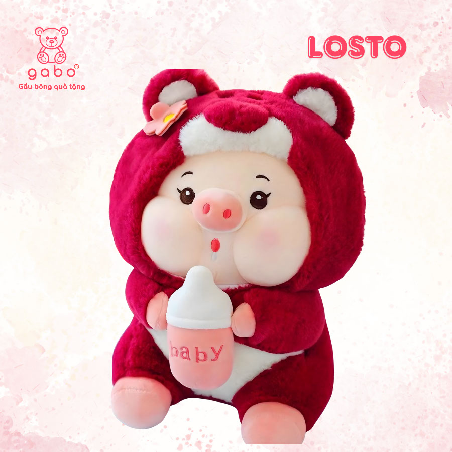 Gấu Bông Heo Cosplay Gấu Dâu Cầm Bình Sữa