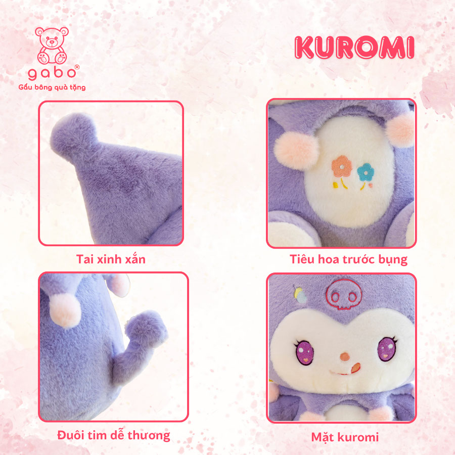 Gấu Bông Kuromi Thêu Hoa Tím, Kuromi Cổ Ren Lông Mịn K3T3
