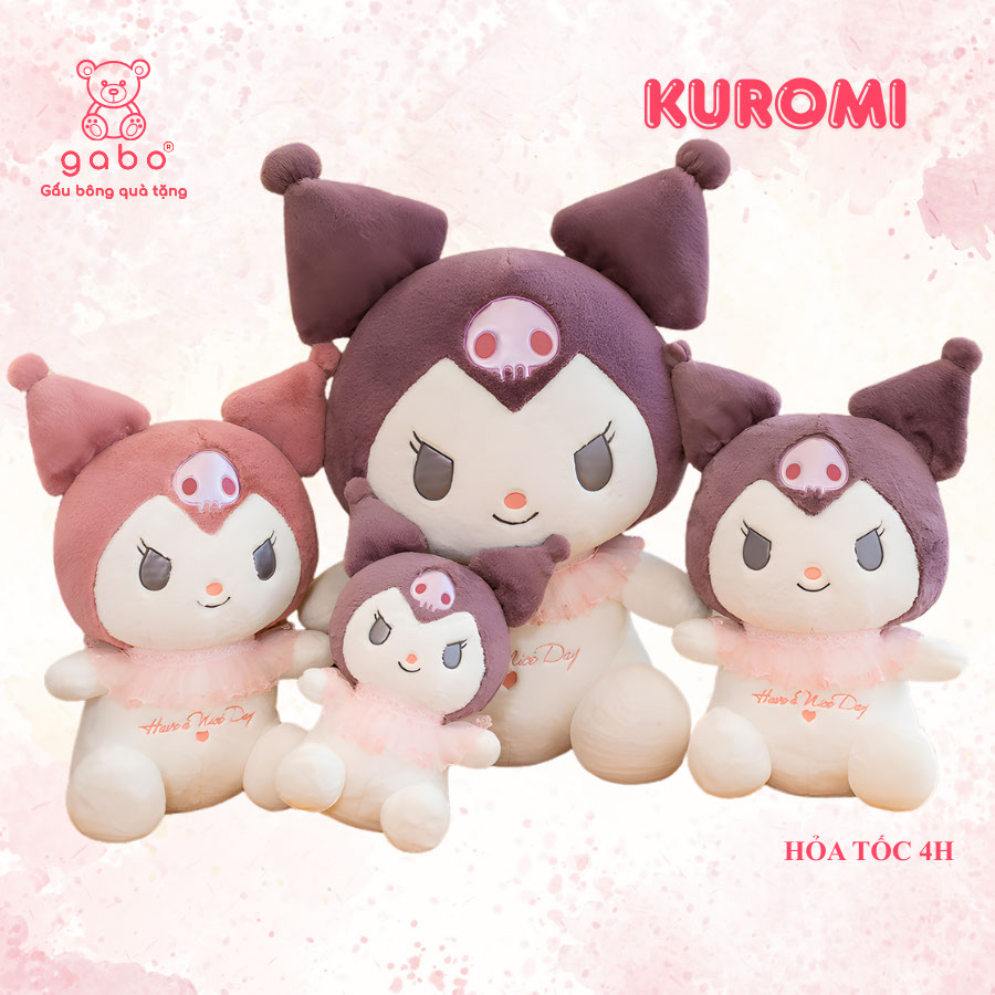 Gấu Bông Kuromi Thêu Hoa Tím, Kuromi Cổ Ren Lông Mịn K3T3