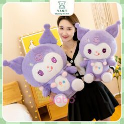 Gấu Bông Kuromi Thêu Hoa Tím, Kuromi Cổ Ren Lông Mịn Không Rụng.