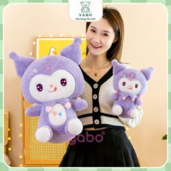 Gấu Bông Kuromi Thêu Hoa Tím, Kuromi Cổ Ren Lông Mịn Không Rụng.