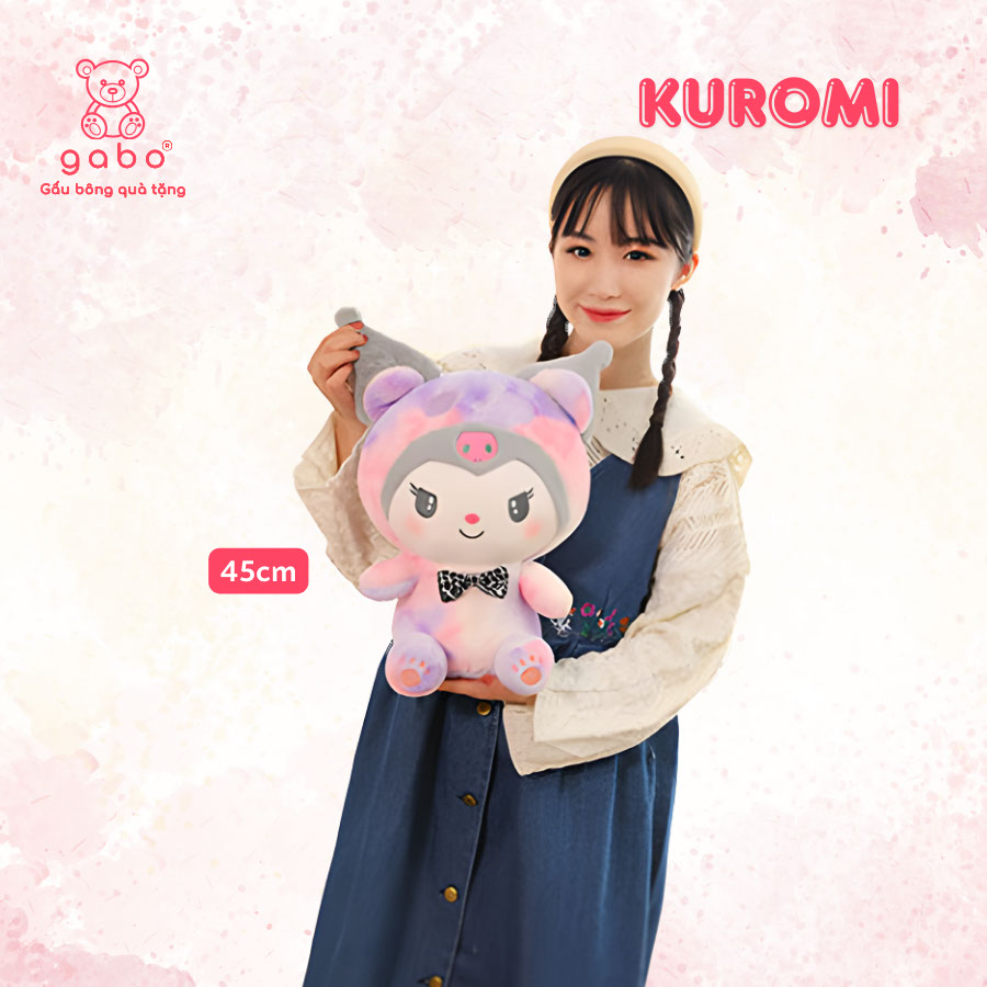 Gấu Bông Kuromi Thêu Hoa Tím, Kuromi Cổ Ren Lông Mịn K3T3