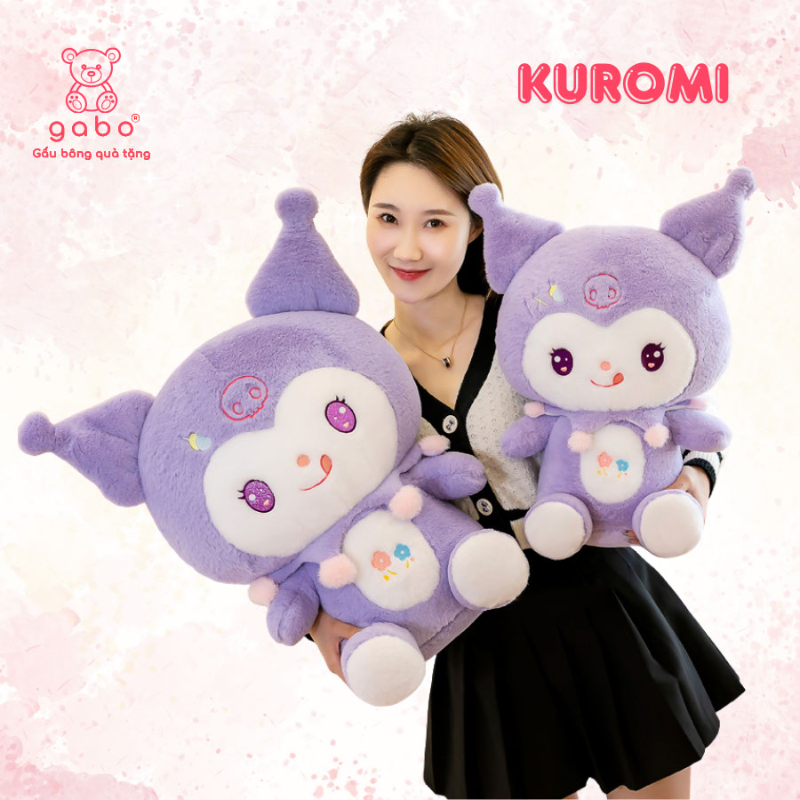 Gấu Bông Kuromi Thêu Hoa Tím, Kuromi Cổ Ren Lông Mịn K3T3