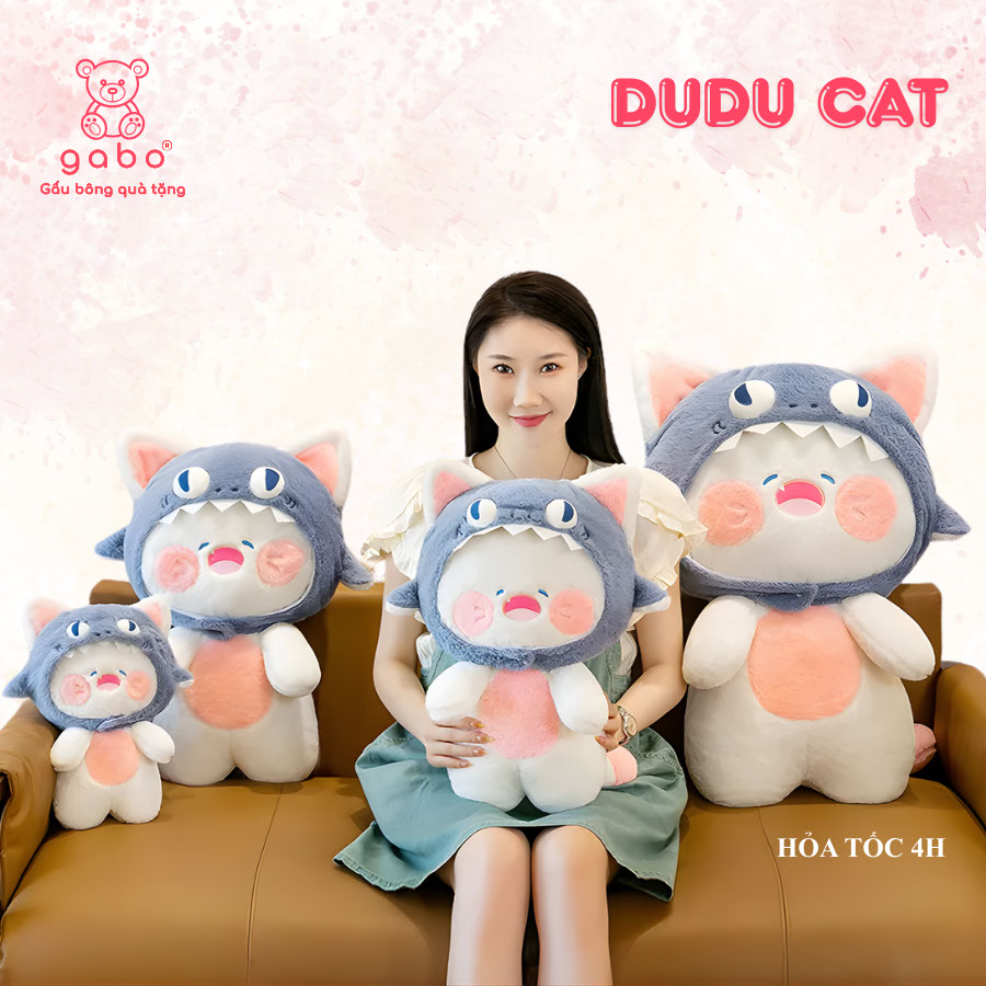 Gấu Bông Mèo Du Du Mũ Cá Mập - Mèo Đầu Cá Đội Nón