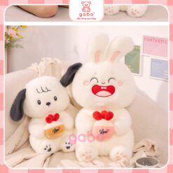 Gấu Bông Thỏ Trắng Ôm Bánh Dâu, Thỏ Mặt Cười Cầm Bánh 2 Gấu Bông Thỏ Trắng Ôm Bánh Dâu, Thỏ Mặt Cười Cầm Bánh