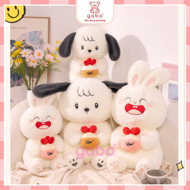 Xưởng sản xuất kinh doanh thú bông quà tặng Quảng Châu cao cấp Gấu Bông Thỏ Trắng Ôm Bánh Dâu, Thỏ Mặt Cười Cầm Bánh