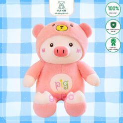 Gấu Bông Heo Pig Đội Mũ Gấu, Heo Mặc Đồ Gấu Lông