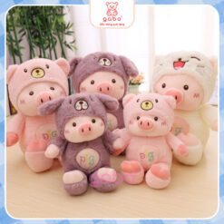 Gấu Bông Heo Pig Đội Mũ Gấu, Heo Mặc Đồ Gấu Lông