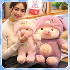 Gấu Bông Heo Pig Đội Mũ Gấu, Heo Mặc Đồ Gấu Lông