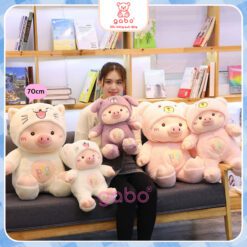 Gấu Bông Heo Pig Đội Mũ Gấu, Heo Mặc Đồ Gấu Lông