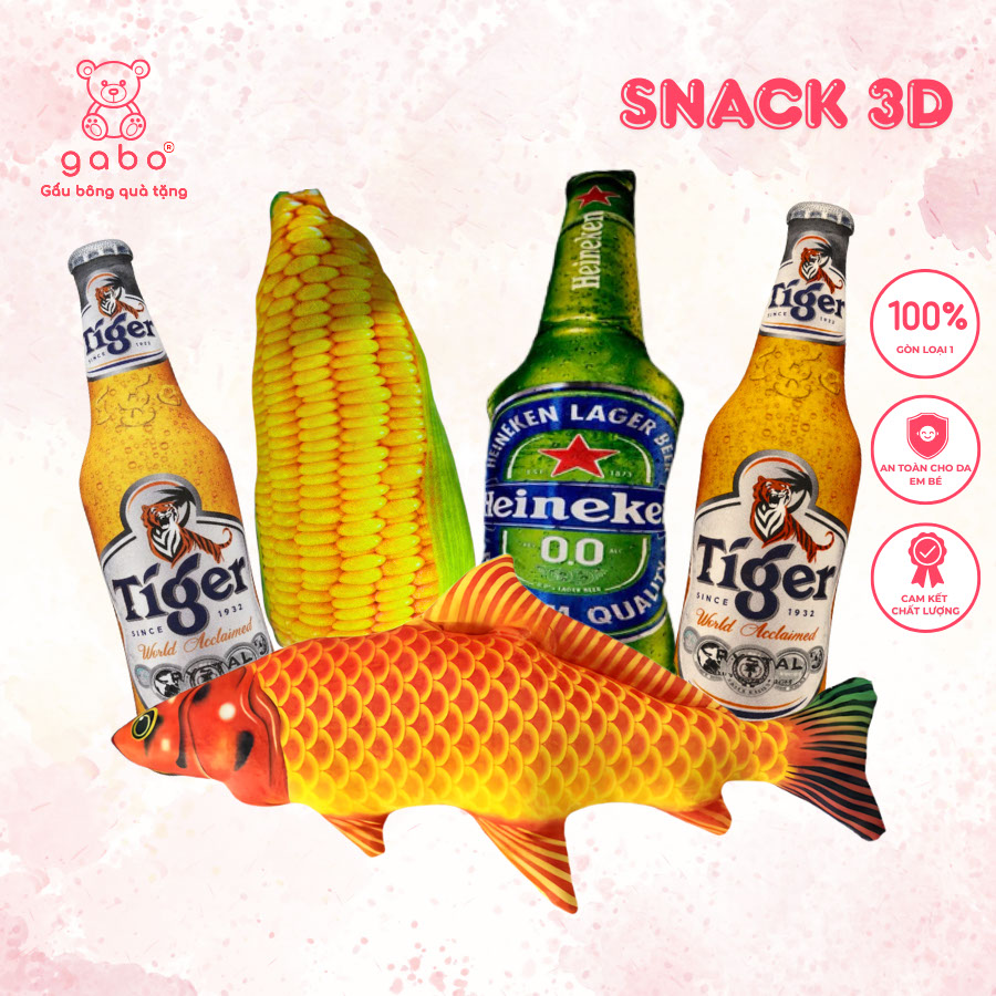 Gấu Bông Gối Ôm 3D In Hình Bánh Mì, Bắp Ngô, Chai Bia Heniken, Bia Tiger, Cá Chép, Sting Xanh 11 Gấu Bông Gối Ôm 3D Bim Bim In Hình Gói Bánh Snack Oishi, Lay's, Mì Gói Hảo Hảo, Bia Tiger Cho Bé Yêu