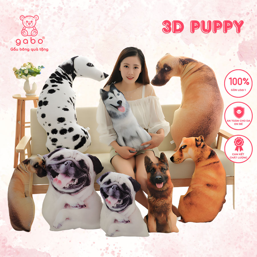 Gấu Bông Hình Chó 3D Giống Y Như Thật, Gối Ôm Nhồi Bông 3D Cún