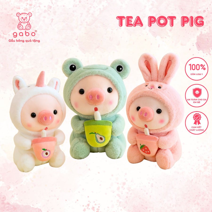 Gấu Bông Heo Cosplay Ếch Ôm Bình trà, Heo cute cầm trà bơ, Hàng chuẩn đẹp như hình